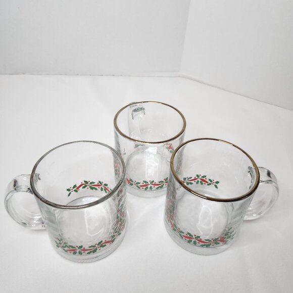 Vintage Clear Glass Arby's Mugs with Holly & Gold Rim Christmas Design Set Of 3 - Picture 2 of 5